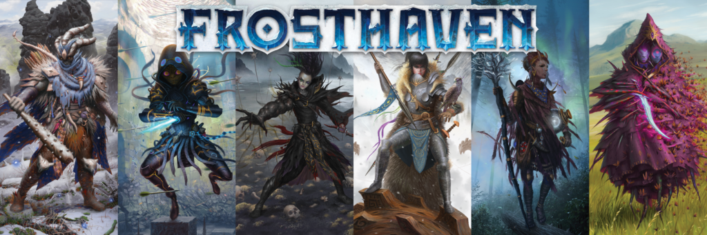 Frosthaven Characters Display, Left to Right: Drifter, Blinkblade, Necromancer, Banner Spear, Deathwalker, Geminate