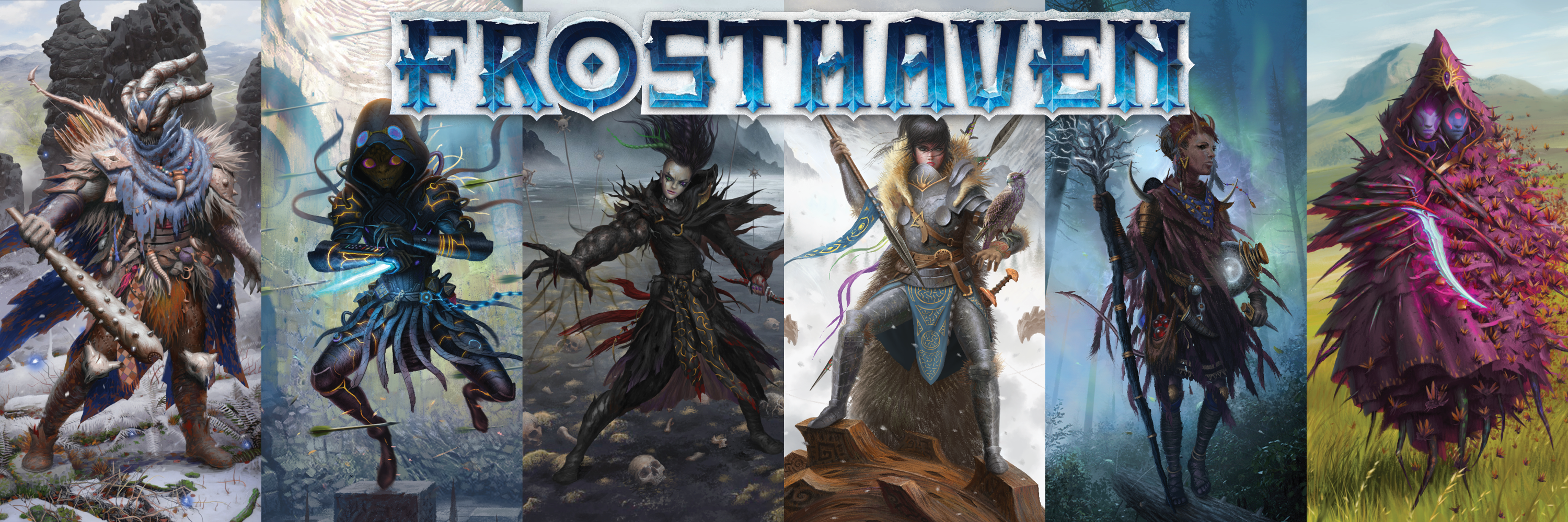 Frosthaven Characters Display, Left to Right: Drifter, Blinkblade, Necromancer, Bannerspear, Deathwalker, Geminate