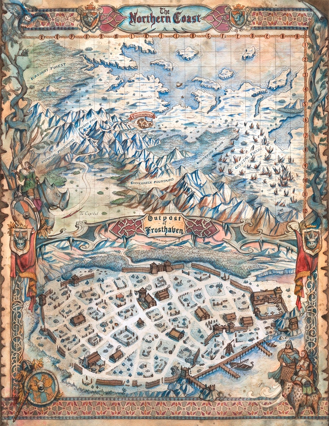 Frosthaven's new map, including a detailed view of the town of Frosthaven.